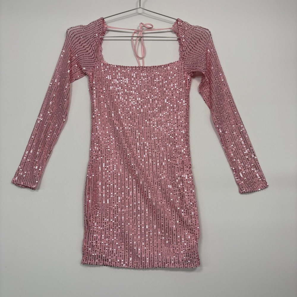 Lucy In The Sky Women Dress S Pink Sequin Long Sleeve Mini Bodycon HOCO Party